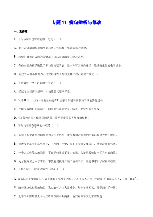 专题11 病句辨析与修改(原卷版)2021年中考语文基础考点专题复习