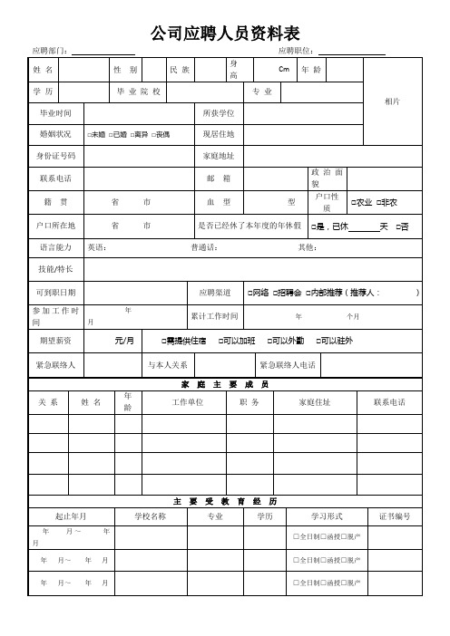 公司应聘人员资料表