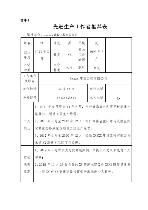 2020年度先进生产工作者、先进集体、优秀班组推荐表