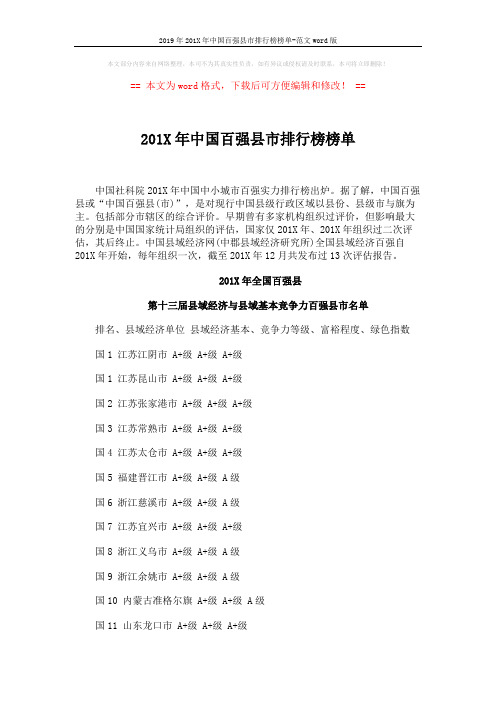 2019年201X年中国百强县市排行榜榜单-范文word版 (6页)