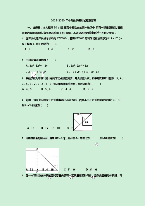2019-2020年中考数学模拟试题及答案(最新整理)
