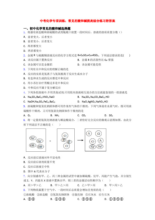 中考化学专项训练：常见的酸和碱提高综合练习附答案
