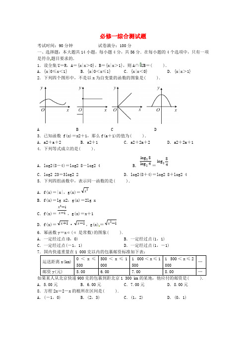 福建省三明一中2014高中数学综合测试题(含解析)新人教a版必修1