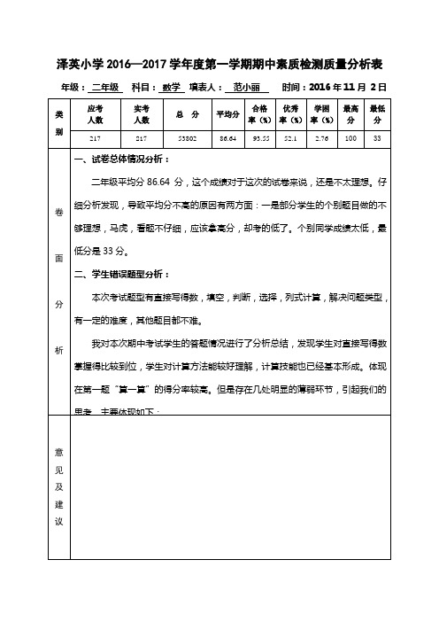 期中检测质量分析表(16—17学年度第一学期)