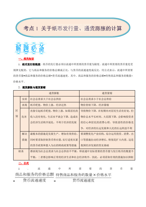 考点01 关于纸币发行量、通货膨胀的计算-快速拿下高考政治计算题