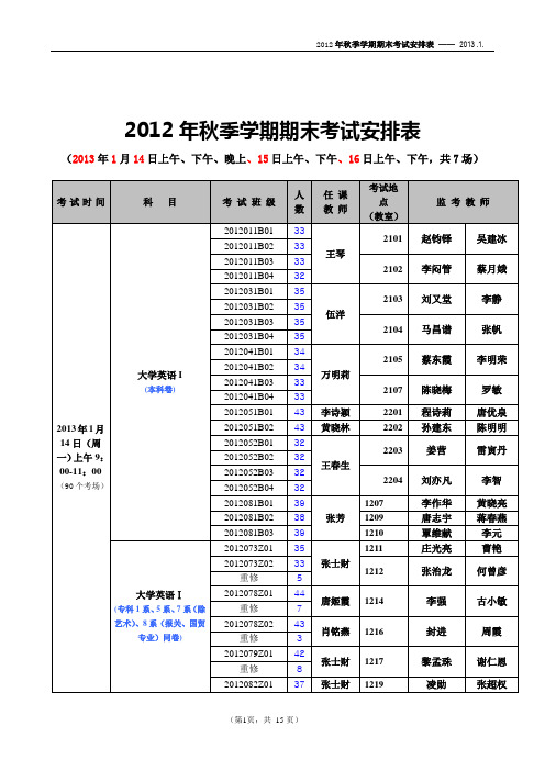 2012年秋季学期期末考试安排表