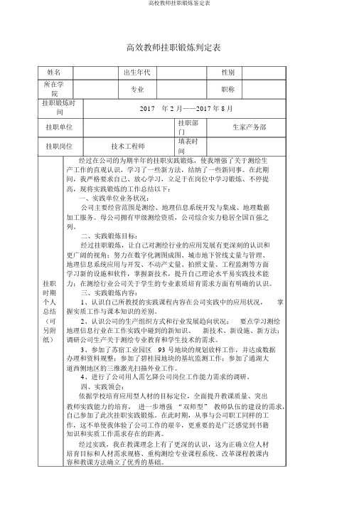 高校教师挂职锻炼鉴定表