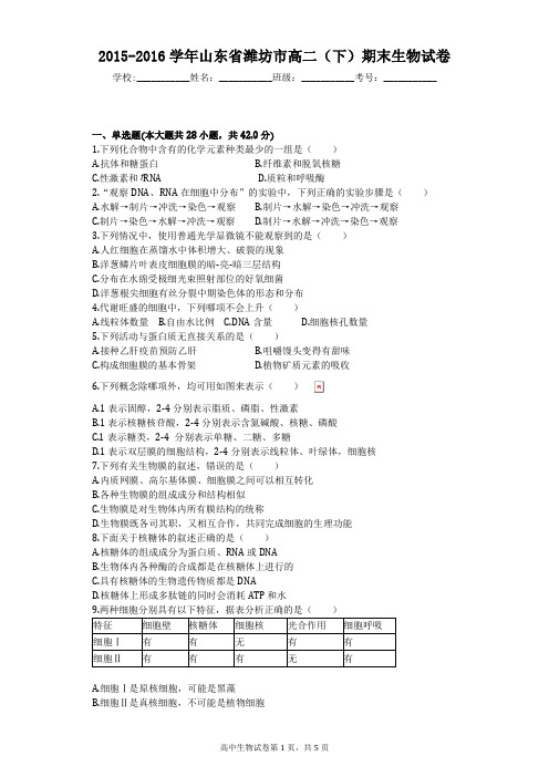 2015-2016学年山东省潍坊市高二(下)期末生物试卷