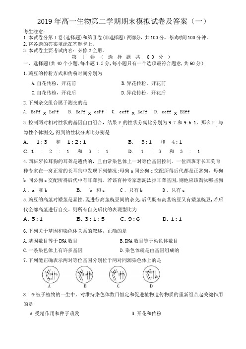 2019年高一生物第二学期期末模拟试卷及答案(一)