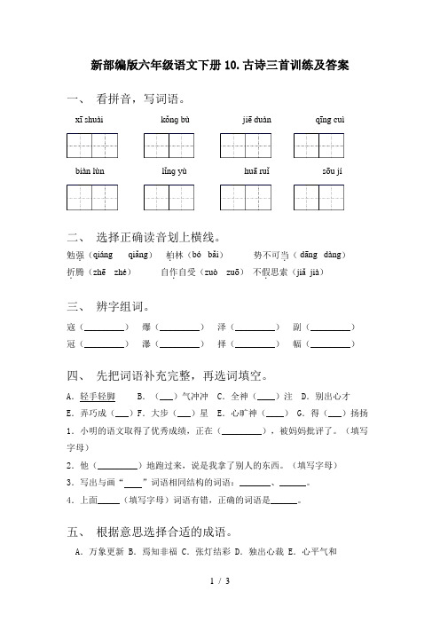 新部编版六年级语文下册10.古诗三首训练及答案