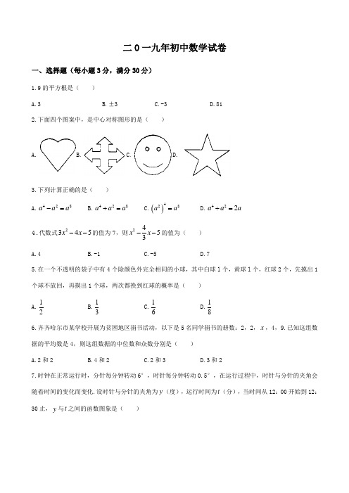 黑龙江齐齐哈尔市2019届九年级中考一模考试数学试题及答案