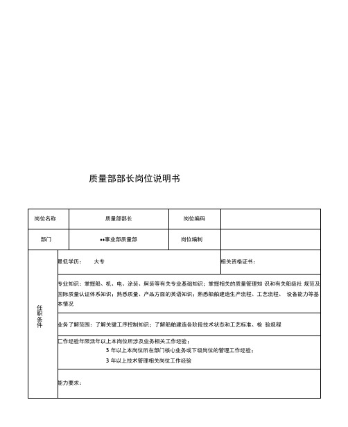 广船国际事业部质量部部长岗位说明书