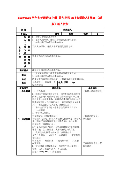 2019-2020学年七年级语文上册 第六单元 28《女娲造人》教案 (新版)新人教版.doc