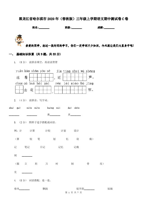 黑龙江省哈尔滨市2020年(春秋版)三年级上学期语文期中测试卷C卷