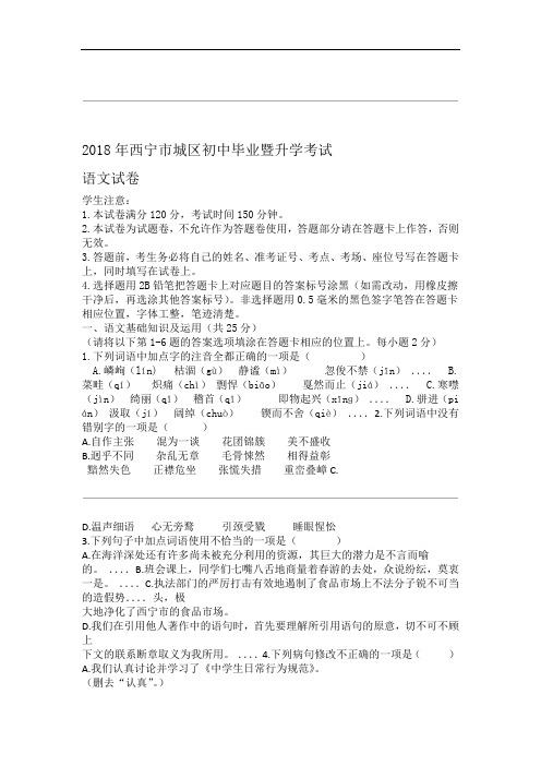 2018年青海西宁市城区初中毕业暨升学考试语文试卷