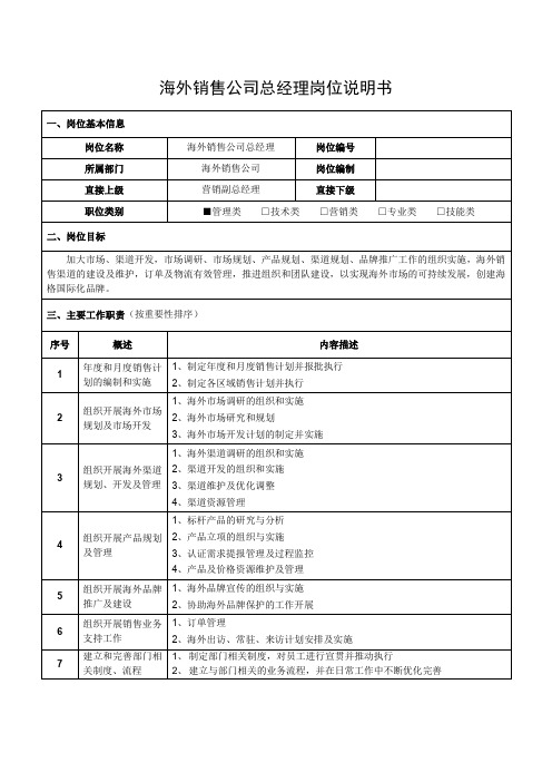 海外销售公司总经理岗位说明书