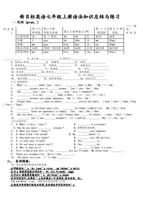 新目标英语七年级上册语法知识总结与练习
