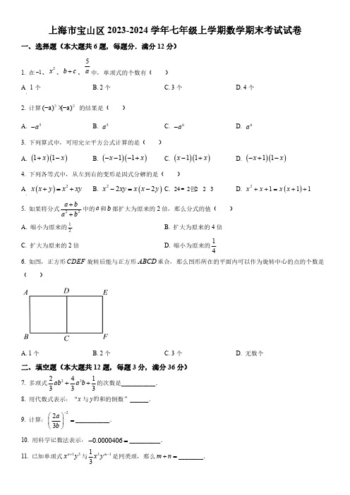 2024年上海市宝山区七年级上学期数学期末试卷含详解