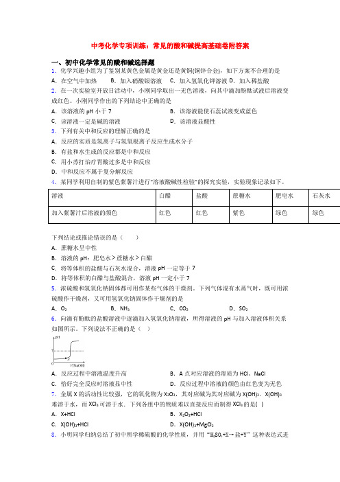 中考化学专项训练：常见的酸和碱提高基础卷附答案