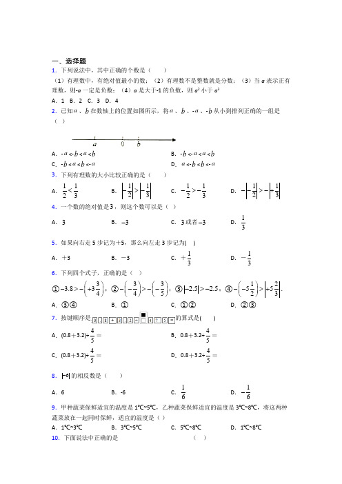 深圳龙城初级中学七年级数学上册第一单元《有理数》测试(答案解析)