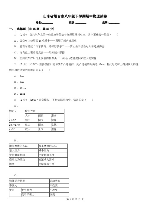 山东省烟台市八年级下学期期中物理试卷 