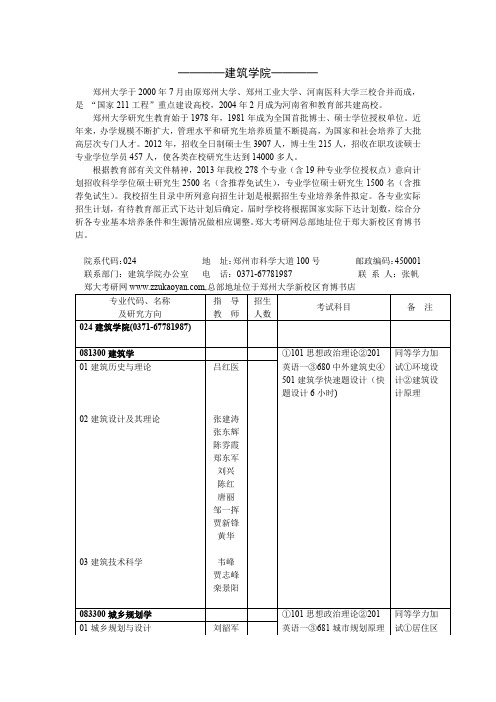 郑大建筑学院2013年考研专业目录