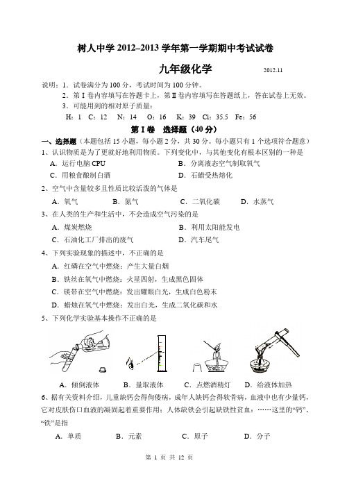 树人中学2012–2013学年第一学期期中考试试卷初三化学期中试卷附答案