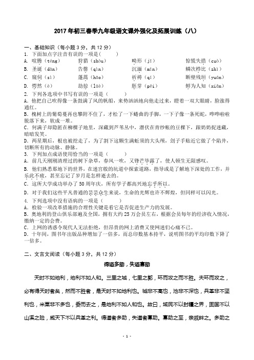 2017年初三春季九年级语文课外强化及拓展训练(八)