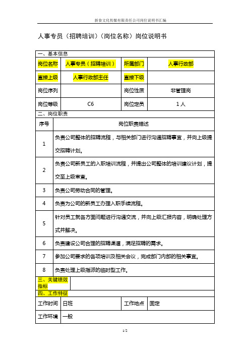 人事专员(招聘培训)岗位说明书范例
