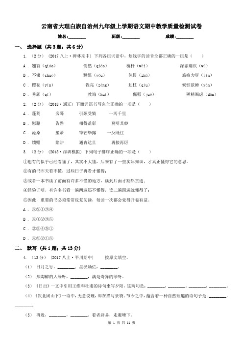 云南省大理白族自治州九年级上学期语文期中教学质量检测试卷