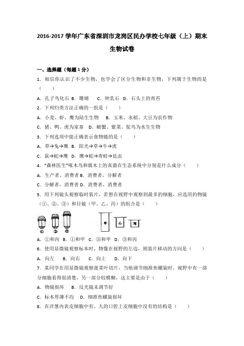 广东省深圳市龙岗区民办学校2016-2017学年七年级(上)期末生物试卷(解析版)