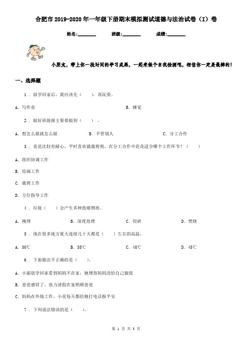 合肥市2019-2020年一年级下册期末模拟测试道德与法治试卷(I)卷