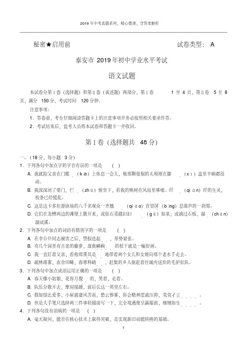 【2019年中考真题系列】2019年山东省泰安市中考语文真题试卷及答案