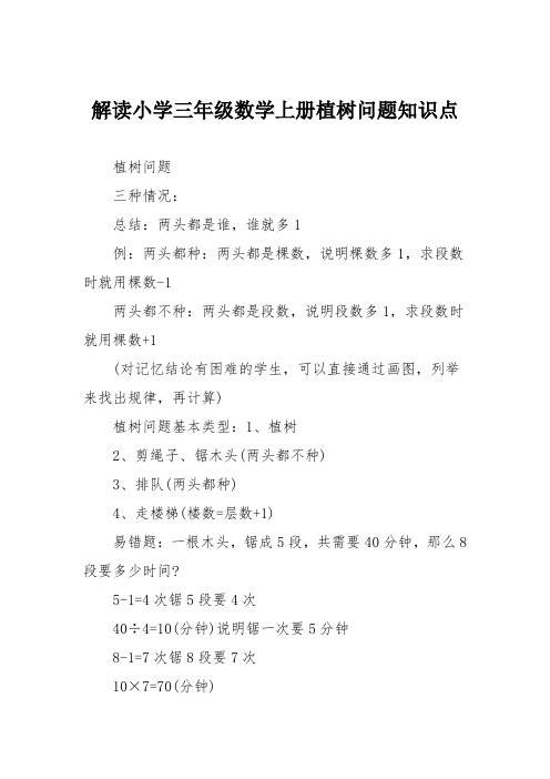 解读小学三年级数学上册植树问题知识点