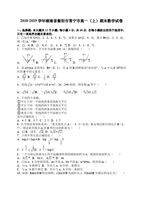 2018-2019学年湖南省衡阳市常宁市高一(上)期末数学试卷