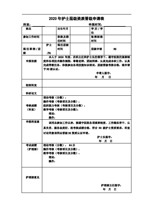 医院护士层级资质晋级申请表(N1-N2)