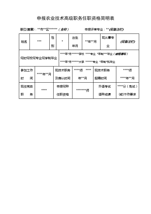 申报农业技术高级职务任职资格简明表