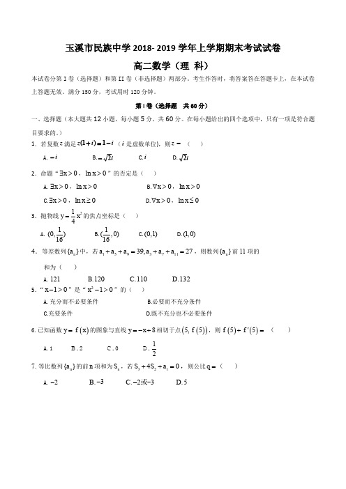 云南省玉溪市民族中学2018-2019学年高二上学期期末考试数学(理)试卷