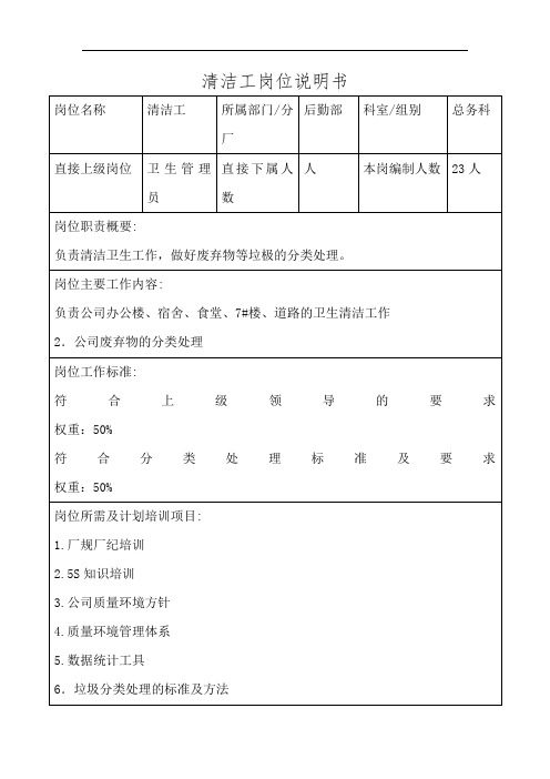 清洁工岗位说明书