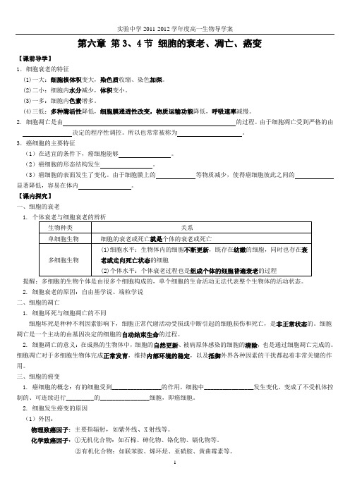 细胞的衰老、凋亡和癌变导学案