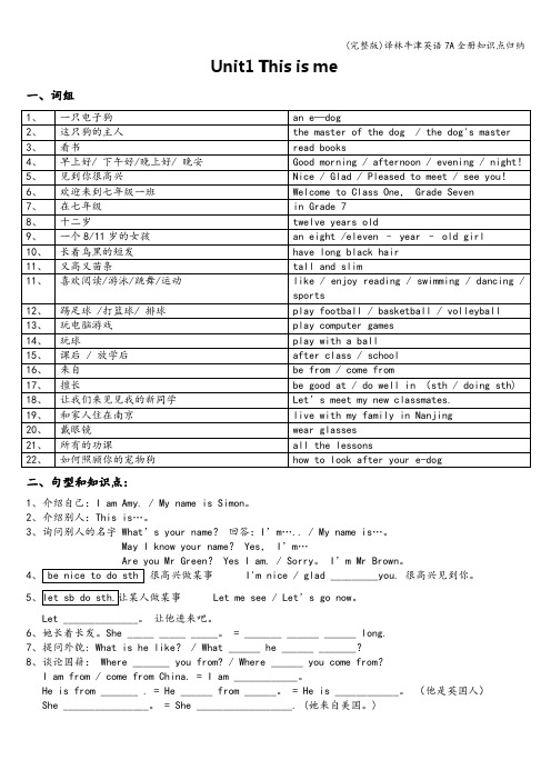 (完整版)译林牛津英语7A全册知识点归纳