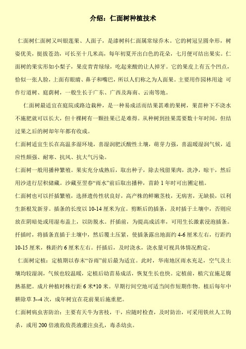 【精品】介绍：仁面树种植技术