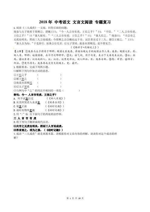 2018年 中考语文 文言文阅读 专题复习(含答案)