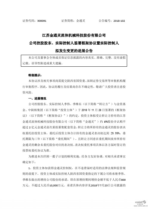 江苏金通灵流体机械科技股份有限公司公司控股股东、实际控制人签署 ...