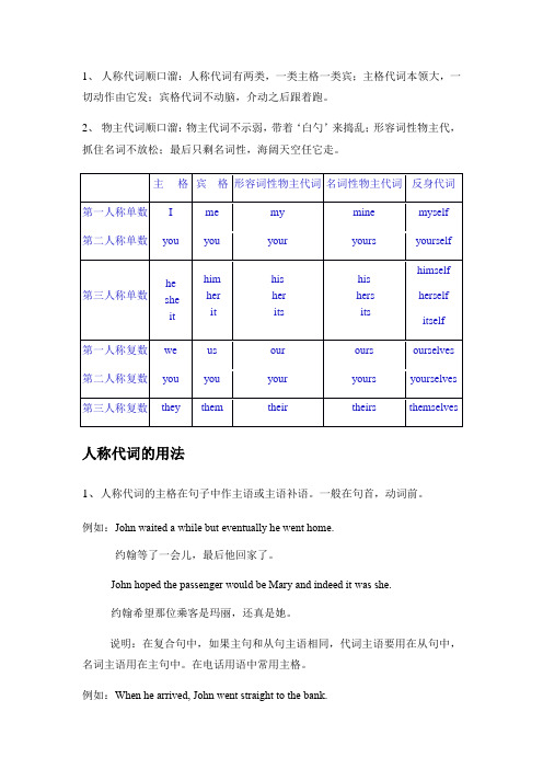 人称代词物主代词反身代词及名词所有格的用法