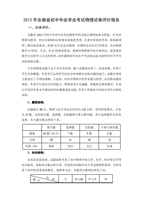 2012年安徽省初中毕业学业考试物理试卷评价报告
