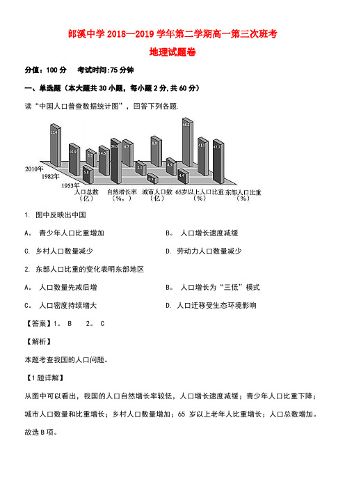 安徽省郎溪中学近年-近年学年高一地理下学期第三次班考试题(含解析)(最新整理)
