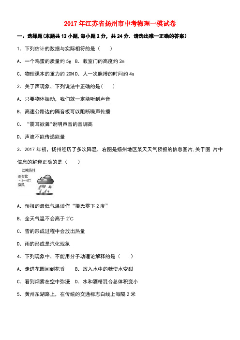 江苏省扬州市中考物理一模试卷(含解析)