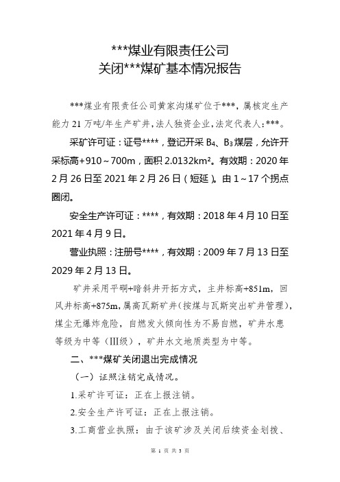 关闭煤矿基本情况报告范本