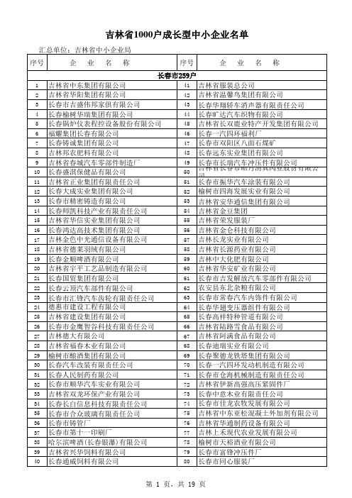 吉林省千家成长型中小企业名单